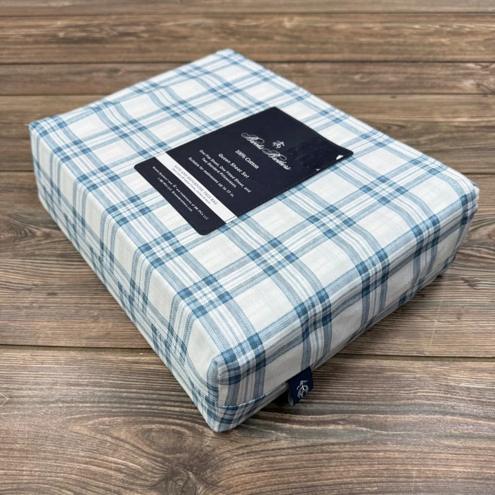 Brooks Brothers Queen Sheet Set Blue White Plaid 100% Cotton 4pc‎ New